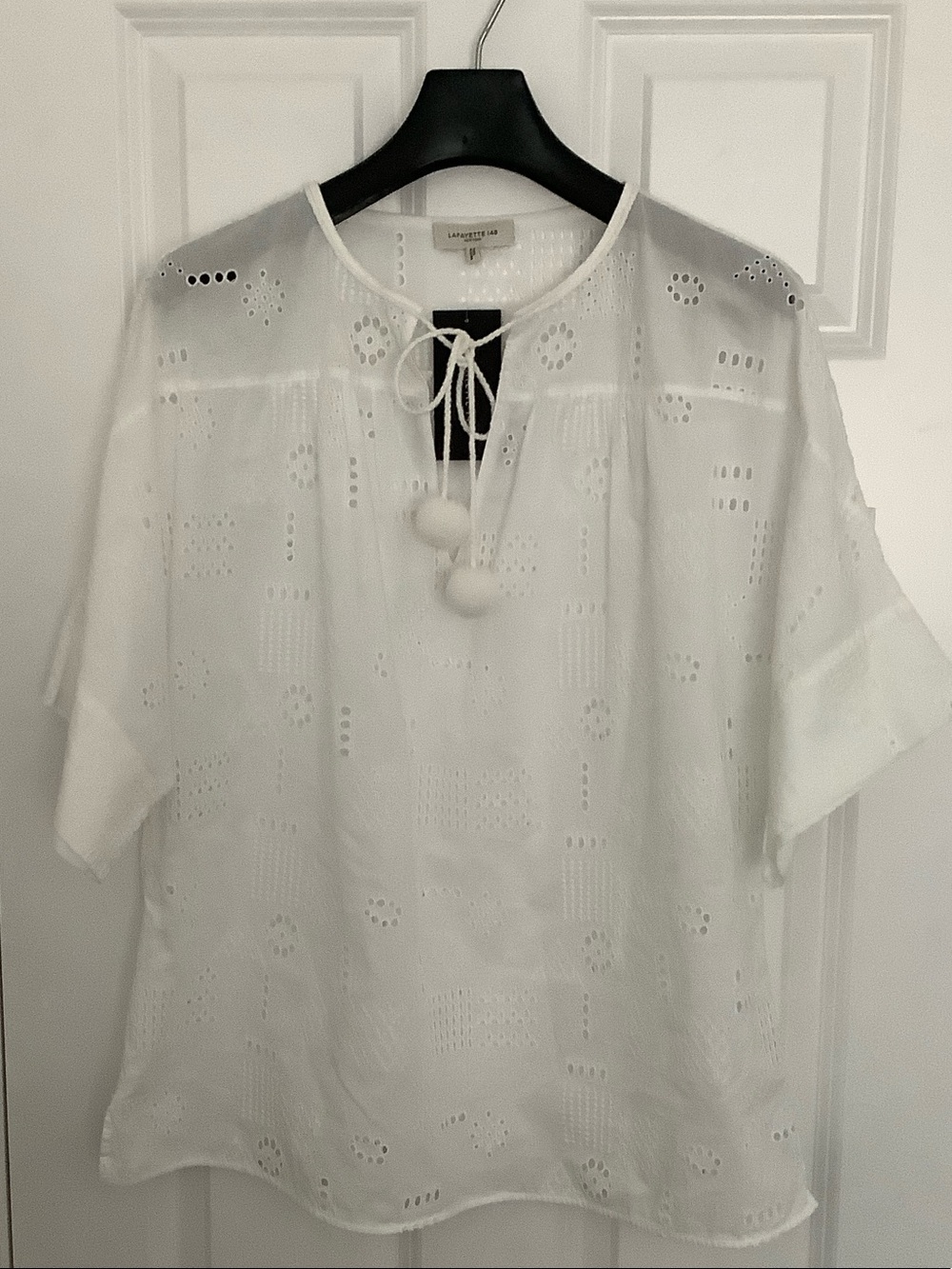 Lafayette 148 New York White Eyelet Pom-Tie Short Sleeve Tunic